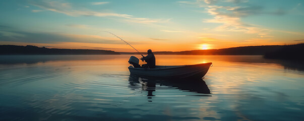Man fishing from boat on lake at sunset, silhouette casting rod against blue sky