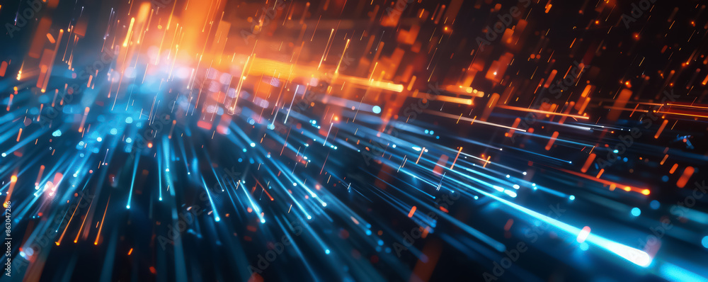Poster Blue and orange glowing lights with digital data streams, creating a futuristic tech background, abstract digital technology concept