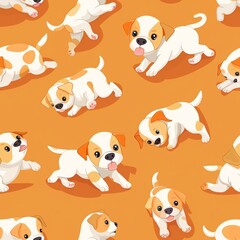 Obraz premium Cute dog seamless illustration with puppies in different action poses
