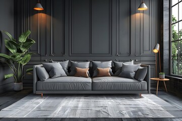 Modern Living Room with Dark Gray Sofa and Elegant Decor
