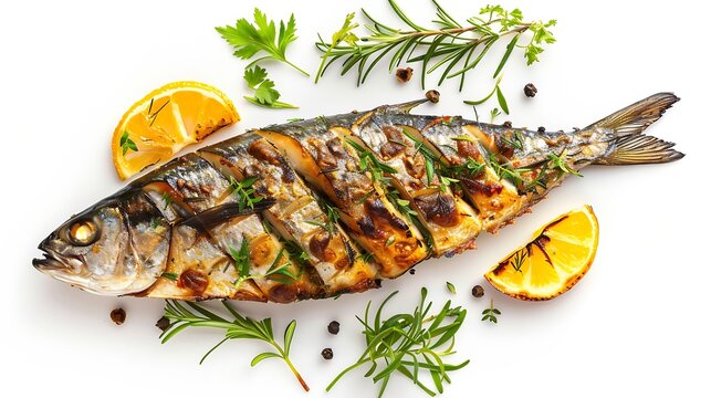 Oven baked whole mackerel fish with herbs Isolated on white background Top view : Generative AI