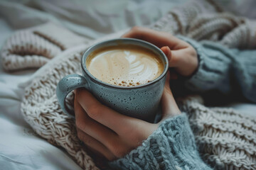 person with appetizing a cup of coffee on bedroom background