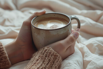 person with appetizing a cup of coffee on bedroom background