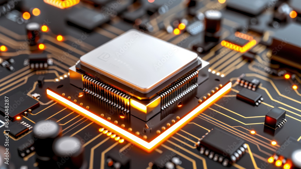 Aufkleber close-up of a modern microchip on a motherboard with glowing circuits, illustrating advanced technol