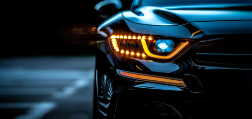 Headlight of black car shining on dark background, creating a stylish and modern image