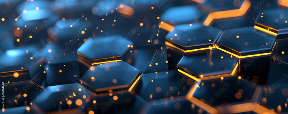 Poster Modern tech design with blue abstract futuristic background, featuring hexagons and glowing particles