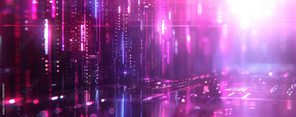 Aufkleber Neon light and data flow on futuristic cyberpunk digital background with holographic elements, computer chip, digital technology concept