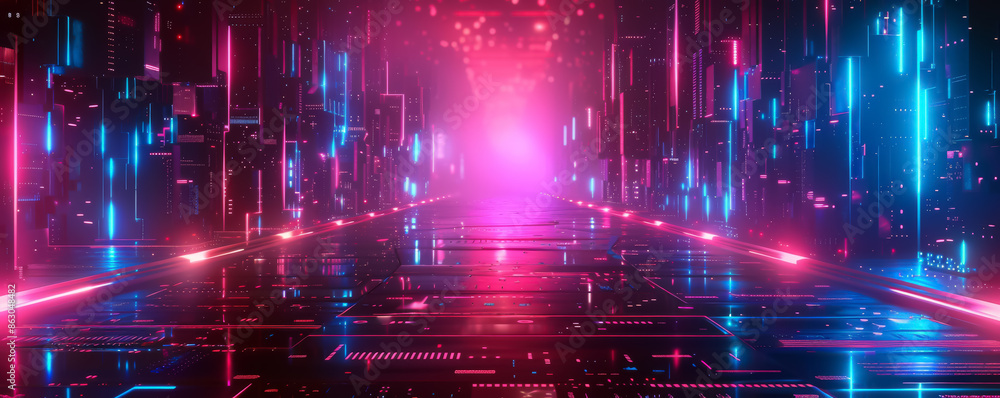 Poster cyberpunk digital background with holographic elements, neon light, data flow, and computer chip, ab