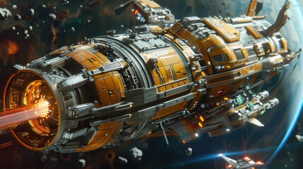 Futuristic spaceship in deep space with laser beam. Detailed view of advanced spacecraft traveling through space with surrounding asteroids.
