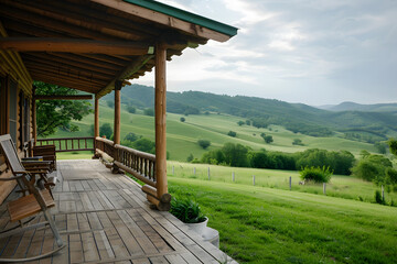 A rustic wooden porch offers scenic view of rolling green hills. Peaceful countryside setting is perfect for relaxation and enjoying the beauty of nature. Wooden chairs invite you to sit and unwind
