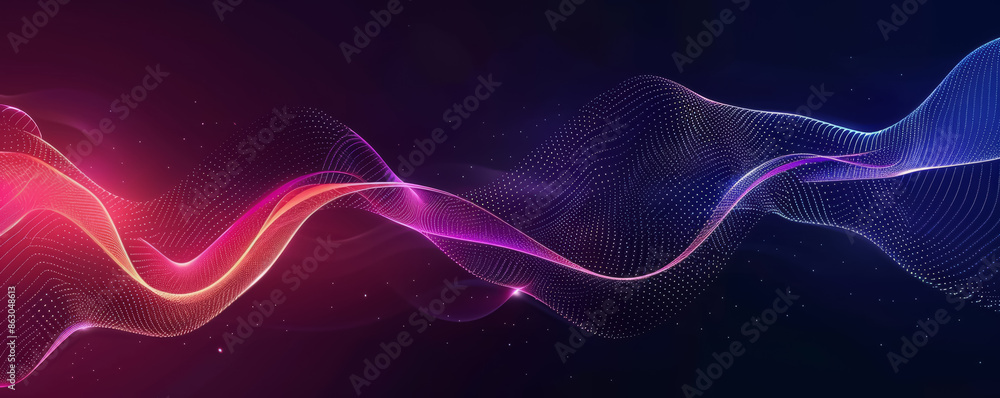 Poster Minimalist design with neon lines and gradient on dark purple abstract background, light pink and red on black, graphics