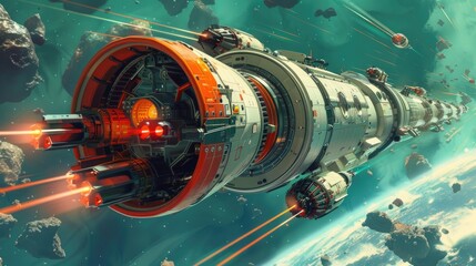 Futuristic spaceship navigating through an asteroid field in outer space, showcasing advanced technology and a sci-fi adventure.
