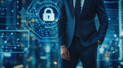 Male CEO in navy blue suit, torso view, lock icon backdrop, futuristic city setting, highlighting data security, advanced tone, Tetradic color scheme