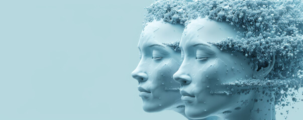 Pixelated human faces in 3D rendering, floating on light blue background with detailed facial features and hair