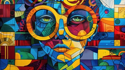 A whimsical pop art portrait featuring a teacher with a book as a head. The vivid colors and bold design elements draw the viewer's eye, while the classroom setting adds context. The intricate