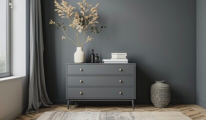 Gray Dresser With Three Drawers in a Modern Interior Design Setting