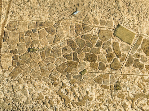 Aerial view of salt pans and coastline, Zebbug Gozo, Malta.
