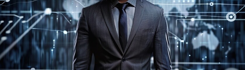 Male CEO in charcoal grey suit, torso view, data flow chart backdrop, futuristic city setting, highlighting data analysis, advanced tone, Tetradic color scheme