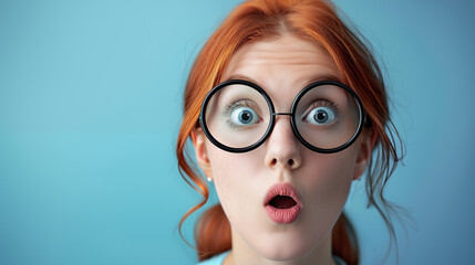Studio portrait of a pretty red-haired woman in oversized glasses with a surprised face expression