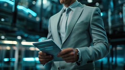 Male CEO in light grey suit, torso view, password entry field backdrop, modern office setting, representing secure login, cybernetic tone, Analogous Color Scheme