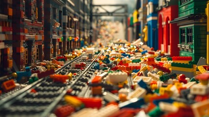 Colorful City in Chaos with Bricks Scattered on Railway Tracks