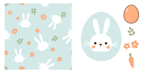 Seamless pattern with bunny cartoons, cute flower and tree branch on green background. Rabbit cartoon on Easter egg sign, orange egg, cute flower, green leaves and carrot icon set vector.