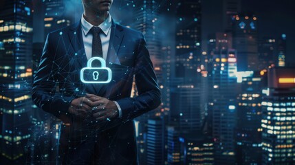 Male CEO in navy blue suit, torso view, lock icon backdrop, futuristic city setting, highlighting data security, advanced tone, Tetradic color scheme
