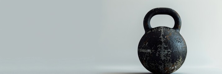 A closeup stock photo of a black kettlebell isolated on a white background, capturing its rugged texture and worn surface