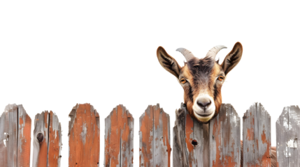 A curious goat peeks over a wooden fence with a playful expression.