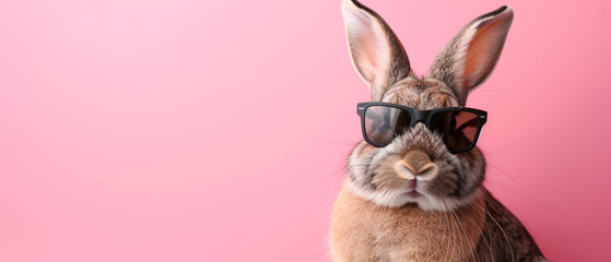 Cute brown rabbit in sunglasses sitting on pink background with copy space. Generative AI.