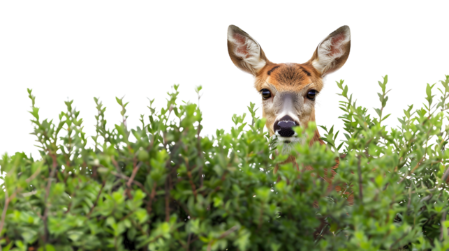 A curious deer peeks out from behind a bush, its large brown eyes looking directly at the camera.