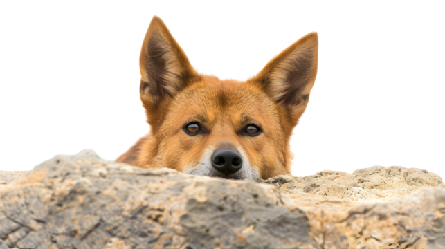 A curious fox peeks out from behind a rock, its ears perked up and eyes alert.