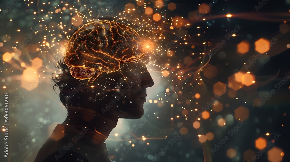 Poster Close up portrait of a man from the side in profile and a hologram of a working brain The concept of intelligence brain work thought process : Generative AI