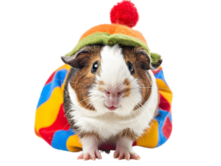 A cute guinea pig wearing a colorful clown costume, looking directly at the camera.