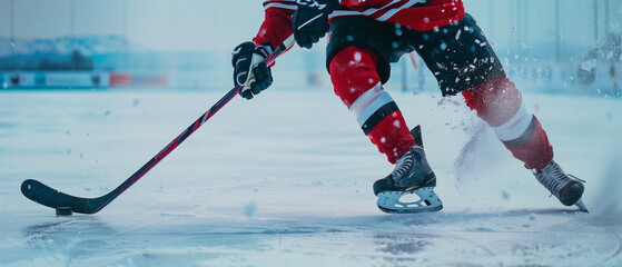 Obraz premium Cropped shot of hockey player running on ice in action shooting with stick. Wide view. Generative AI