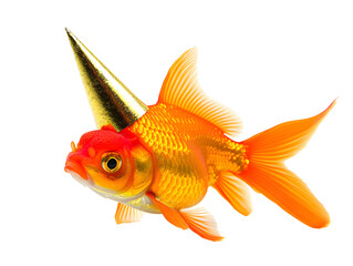 Fototapeta premium A goldfish with a party hat on, isolated on black background.