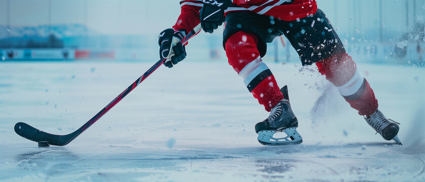 Cropped shot of hockey player running on ice in action shooting with stick. Wide view. Generative AI