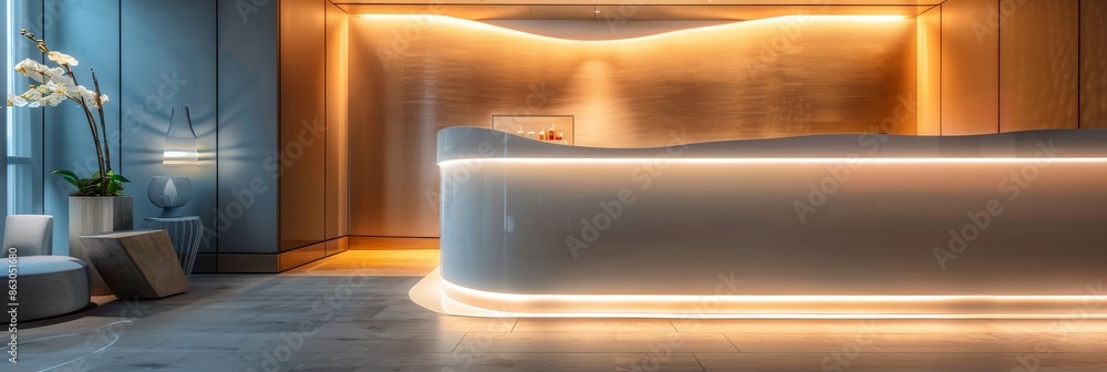 Poster A contemporary spa reception area with a sleek minimalist counter design. The counter is illuminated by warm light, creating a welcoming and relaxing atmosphere