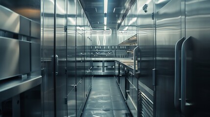 Corridor of a restaurant kitchen with all its metal cabinets on the sides : Generative AI