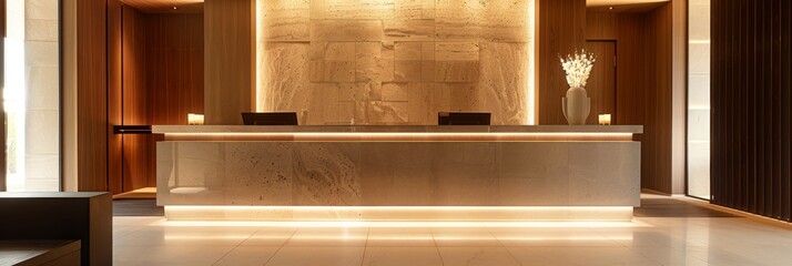 Sleek spa reception with minimalist counter, warm lighting, and smooth white material. In front of a textured wall