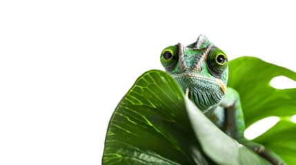 A vibrant green chameleon perched on a large leaf, its eyes focused intently on something out of frame.