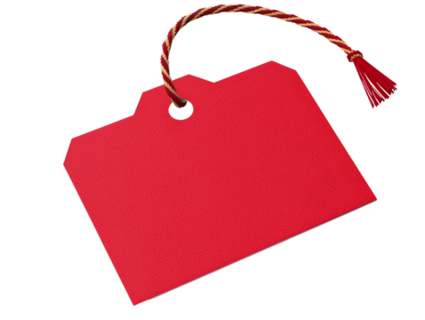 A red tag with a gold and red string. The tag is blank and ready for your message.