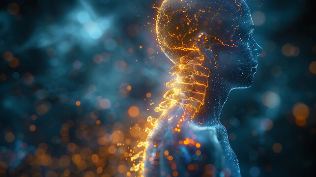 Spinal health visualization Person whiplash injury glowing depiction of the neck's rapid backandforth movement and resultant strain