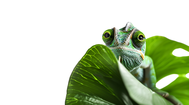 A vibrant green chameleon perched on a large leaf, its eyes focused intently on something out of frame.