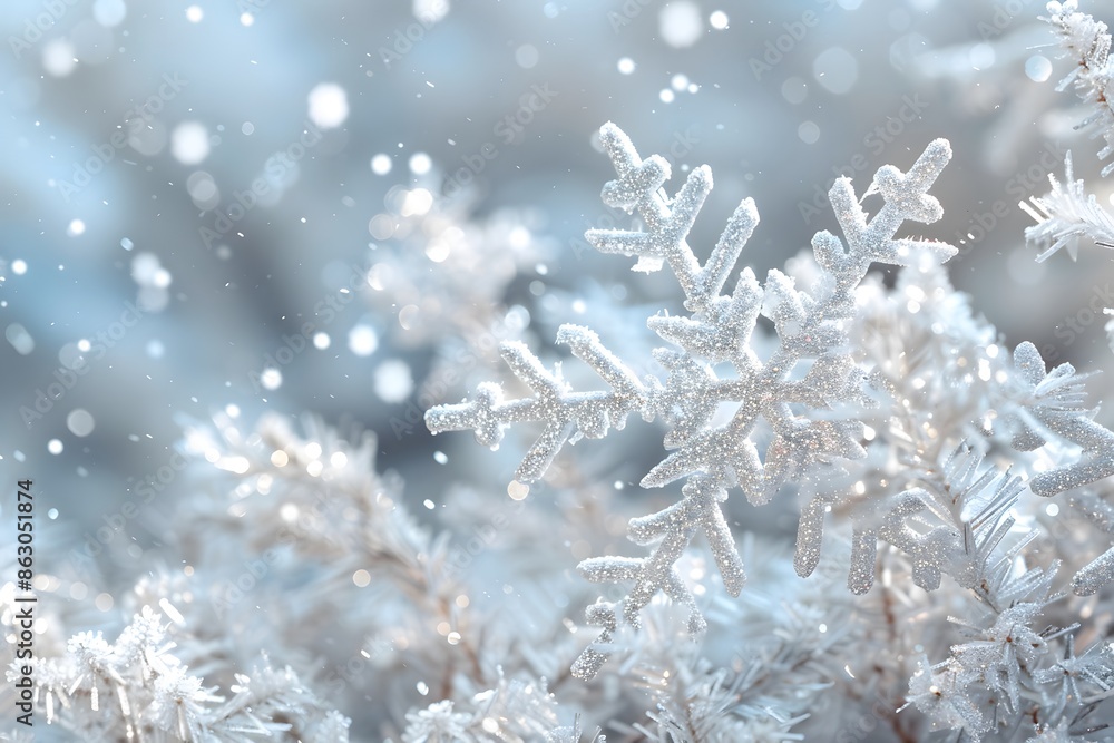 Poster close-up of a sparkling snowflake on frosty branches