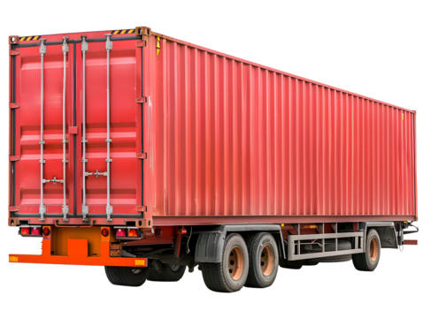 Red shipping container on a trailer truck isolated on black background.