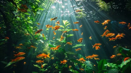 underwater scene filled with numerous brightly colored orange fish swimming among lush green aquatic plants