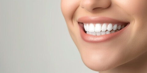 Fototapeta premium Close up of a beautiful woman's toothy smile on light background with copy space. Generative AI.