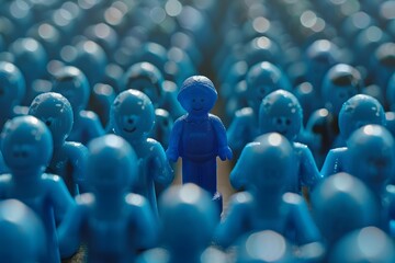 Fototapeta premium Unique Blue Figurine Standing Out in a Crowd of Identical Figures