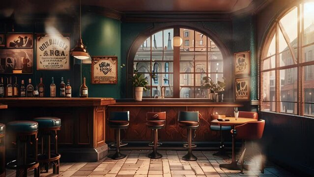 Bar interior with aesthetic retro vintage design, on a smooth looping background with 4K video animation.